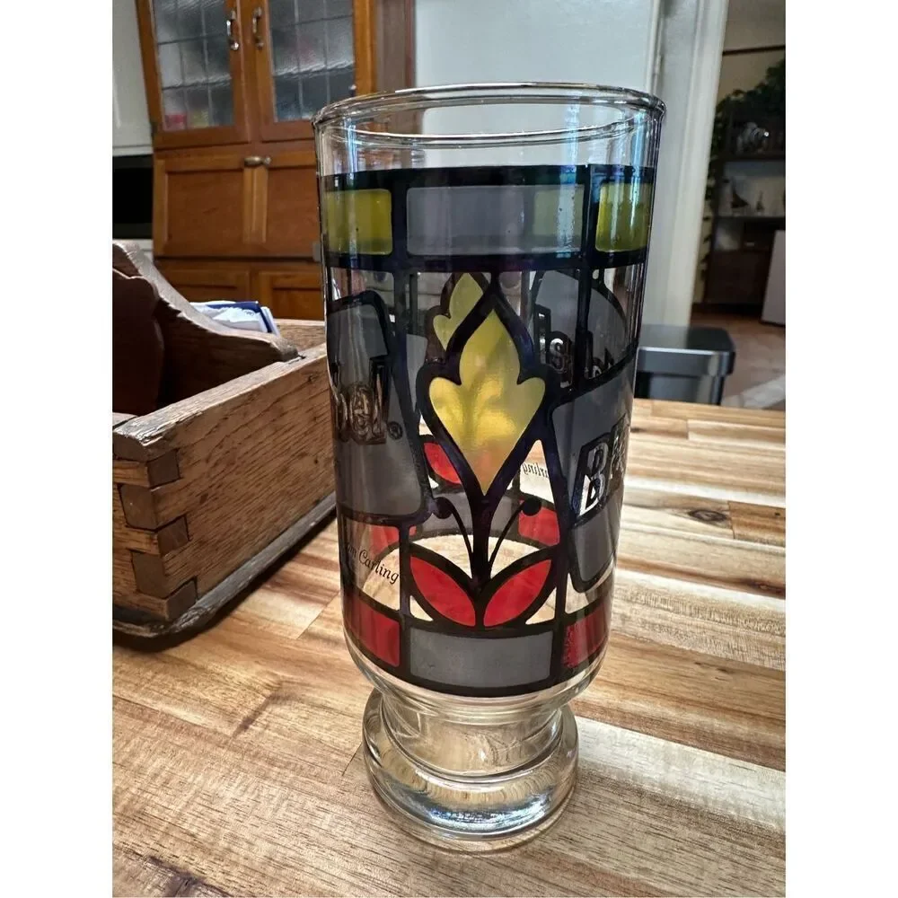 Vintage Mid Century 6-1/2 Black Label Beer Stained Glass Style Beer Glass